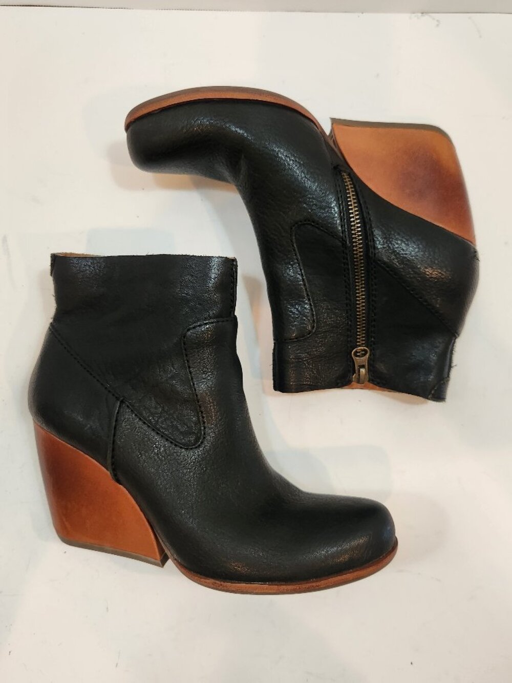 Kork-Ease Michelle Black Leather Wedge Booties Size 7 / 38 K27703